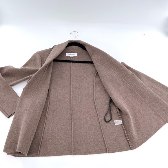 Calvin Klein Women's sz M Taupe/Black Open Front Knit Cardigan Faux Leather Trim - Picture 10 of 13